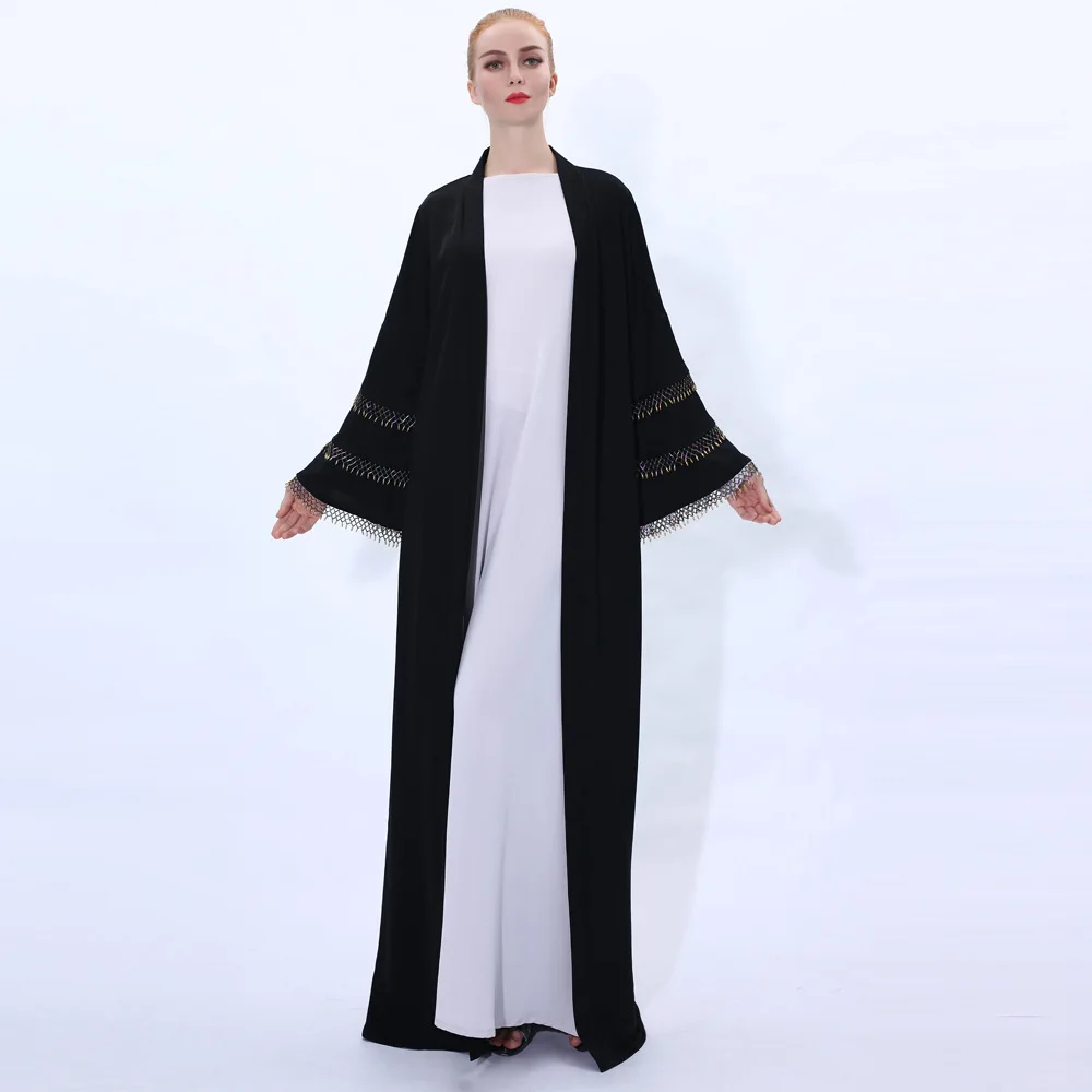 Muslim Dress Cardigan New Handmade Colorful Tube Beaded Muslim Fashion Women Dress Kimono Horn Sleeves Abaua Dubai Turkey Belt