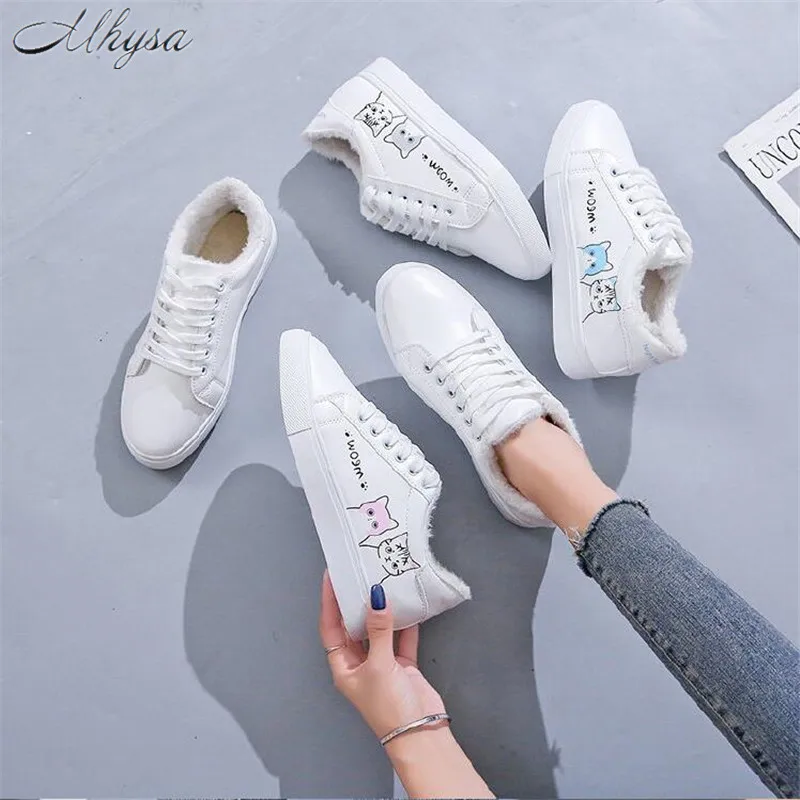 

2019 Winter Women Shoes Warm Fur Plush Lady Casual Shoes Lace Up Fashion Sneakers Platform Snow Boots Big Size L1037