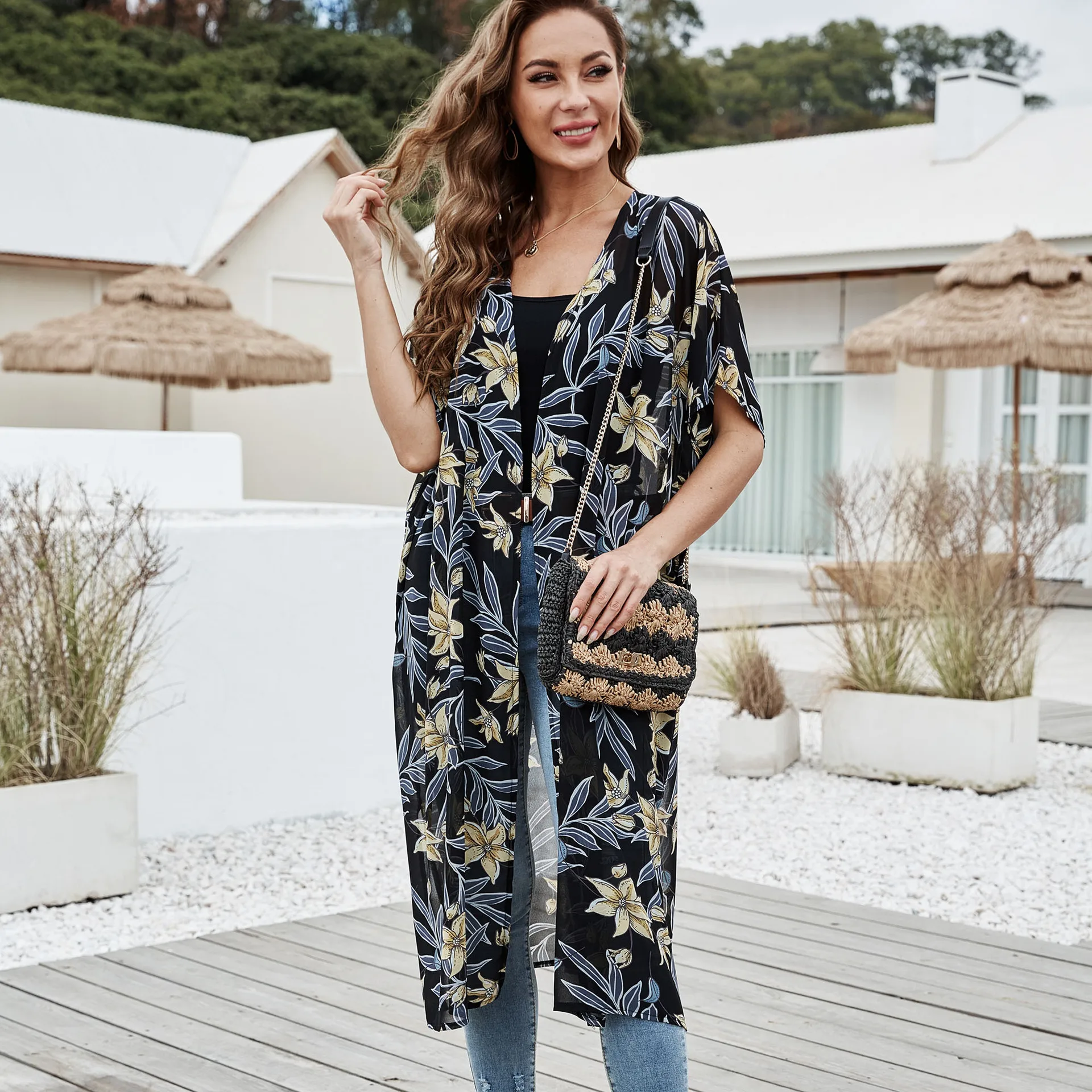 

Floral Print Long Kimono Cardigan 2021 Summer Women Swimsuit Bathing Beach Cover Ups Vintage Girls Split Loose Vacation Outfits