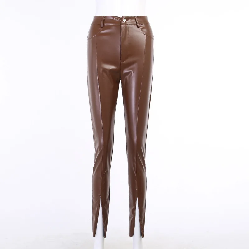 

Women Faux Leather Pant Casual Split Flare Black Trousers High Waist Skinny PU Zipper Ladies Slim Pencil Pants Winter 2020