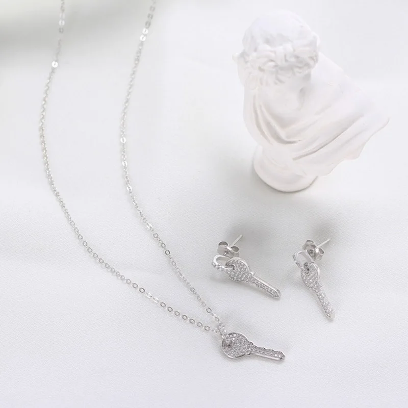 

New Arrival Cubic Zircon Stone Key Pendant 925 Sterling Silver Necklace For Women Statement Chain Charm Necklace Party Gifts
