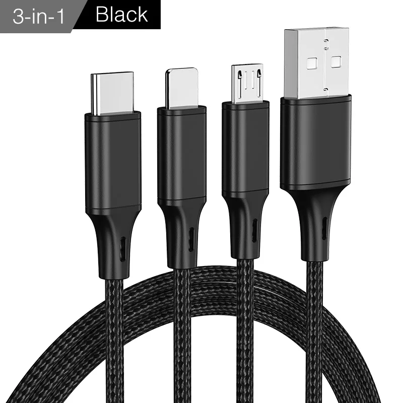 Flat Black YKZ кабель для мобильного телефона 3 в 1 Micro USB кабель usb type-C кабель для зарядки для samsung Xiaomi huawei USB шнур для освещения - Цвет: Flat Black