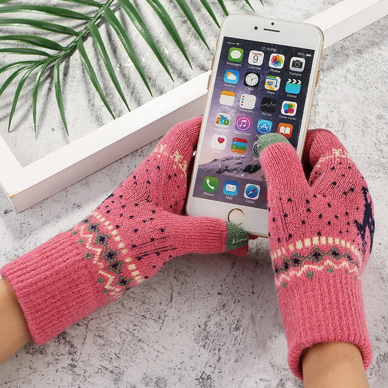 

2022 Winter Warm gloves for Women Wool Deer printed knitted Touchscreen gloves Men Mittens for Mobile Phone Christmas Gifts