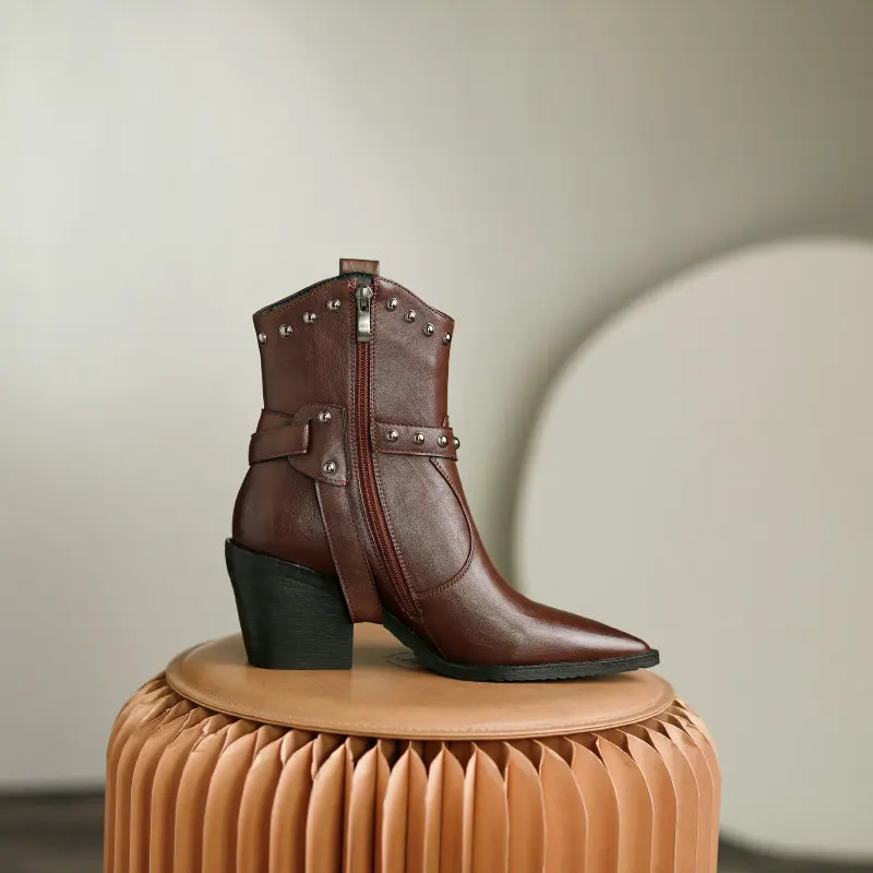 

2021 new Lace Up Zipper PU Leather Short Boots Pointed Toe Women Shoes Autumn Winter Square Heel Ankle Boots Big Size 34-43