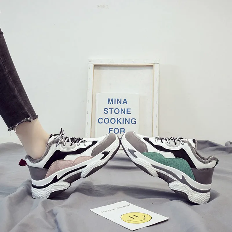 Женские повседневные зимние кроссовки с теплым Плюшевым Мехом модные теплые