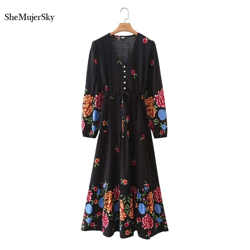 

SheMujerSky Women Long Sleeve V-neck Buttons Maxi Dress Drawstring Waist Black Bohemian Floral Print Long Dresses 2021
