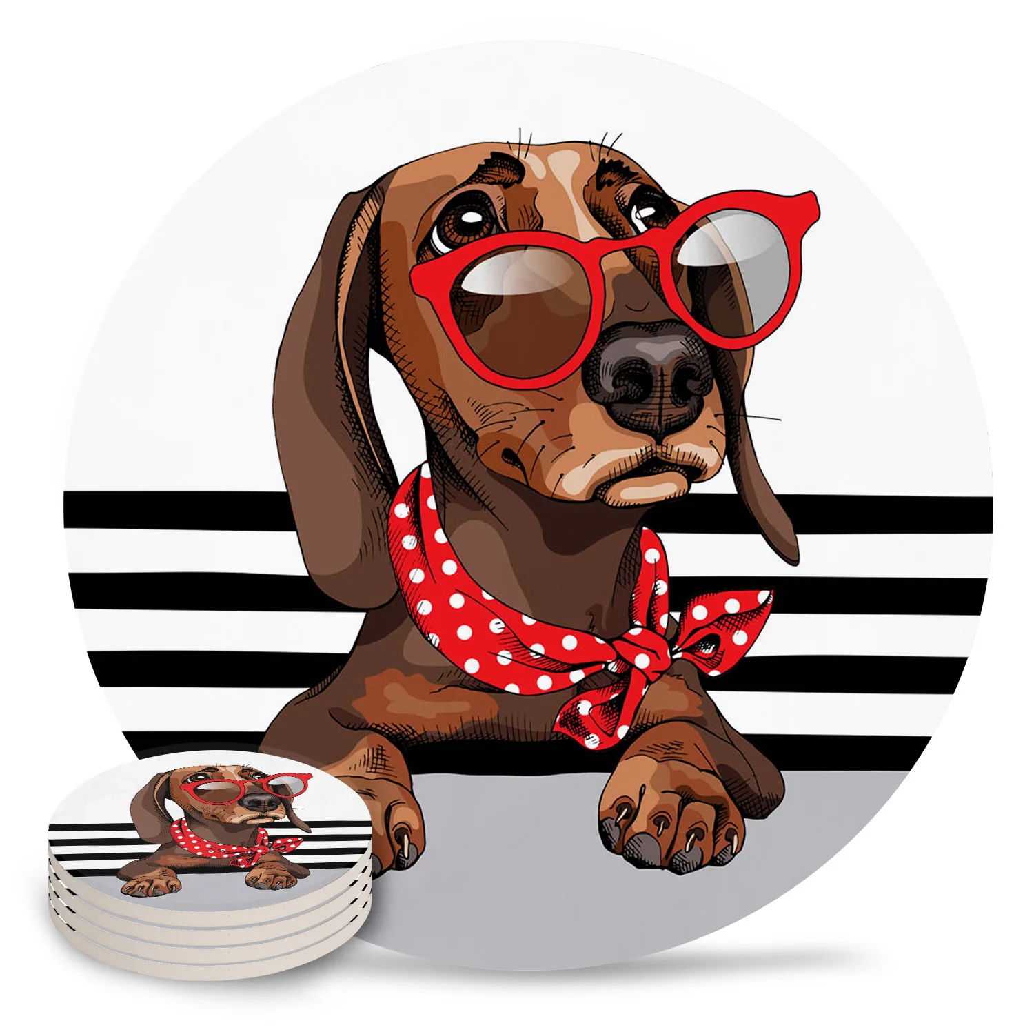 

Animal Dog With Red Glasses Scarf Placemat Ceramic Drink Coasters Table Decoration Absorbent Moisture