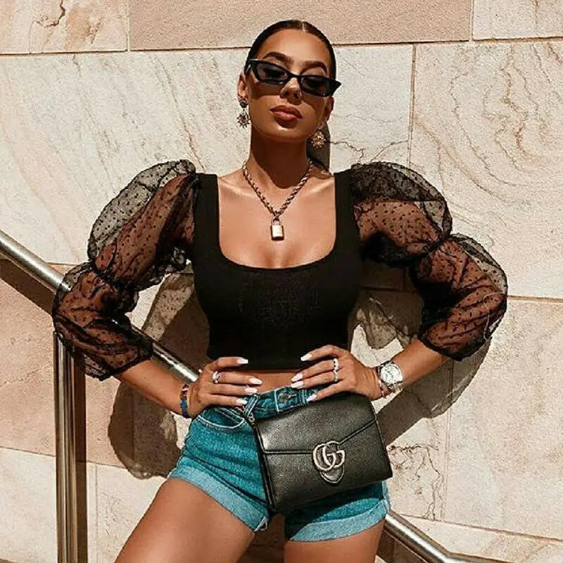 

Women See-through Sheer Mesh Dot Blouse Puff Long Sleeve Tops Shirts