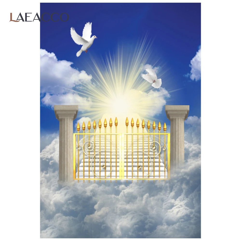 

Laeacco Blue Sky White Clouds Heaven Gate Sunshine Pigeon Photography Backgrounds Photo Backdrops Baby Shower Portrait Photocall