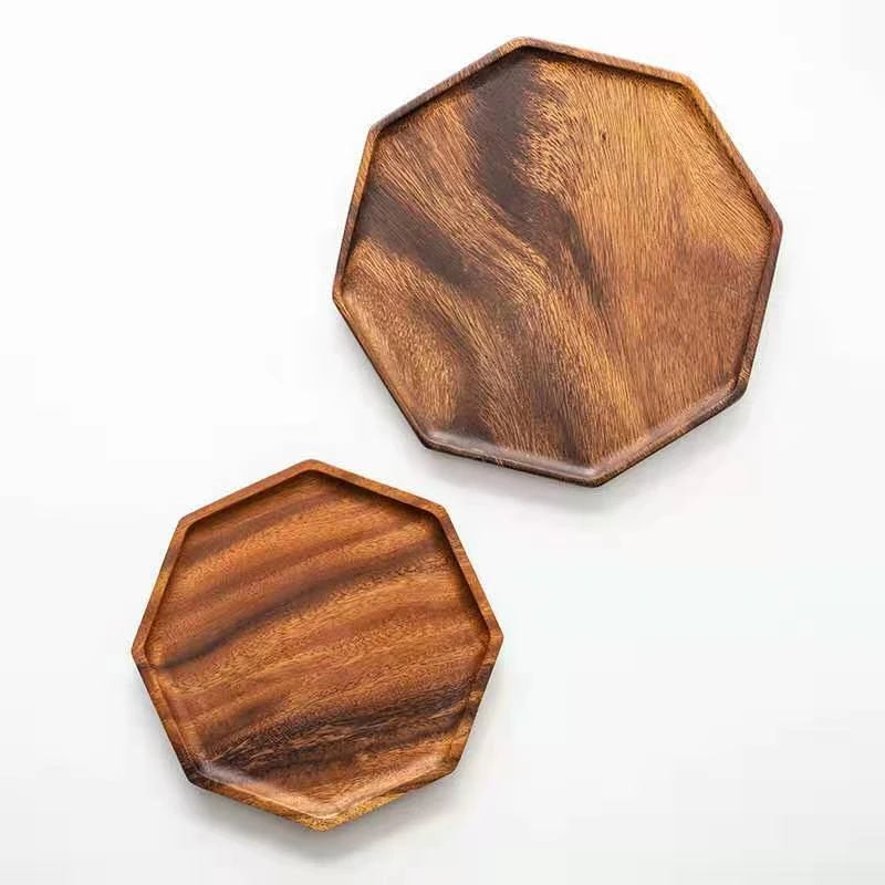 

2PCS/SET 20/25CM Octagon Wooden Plates Dishes trays for Coffee Tea Cake Food Fruit Candy Saucer Dessert Dinner Bread