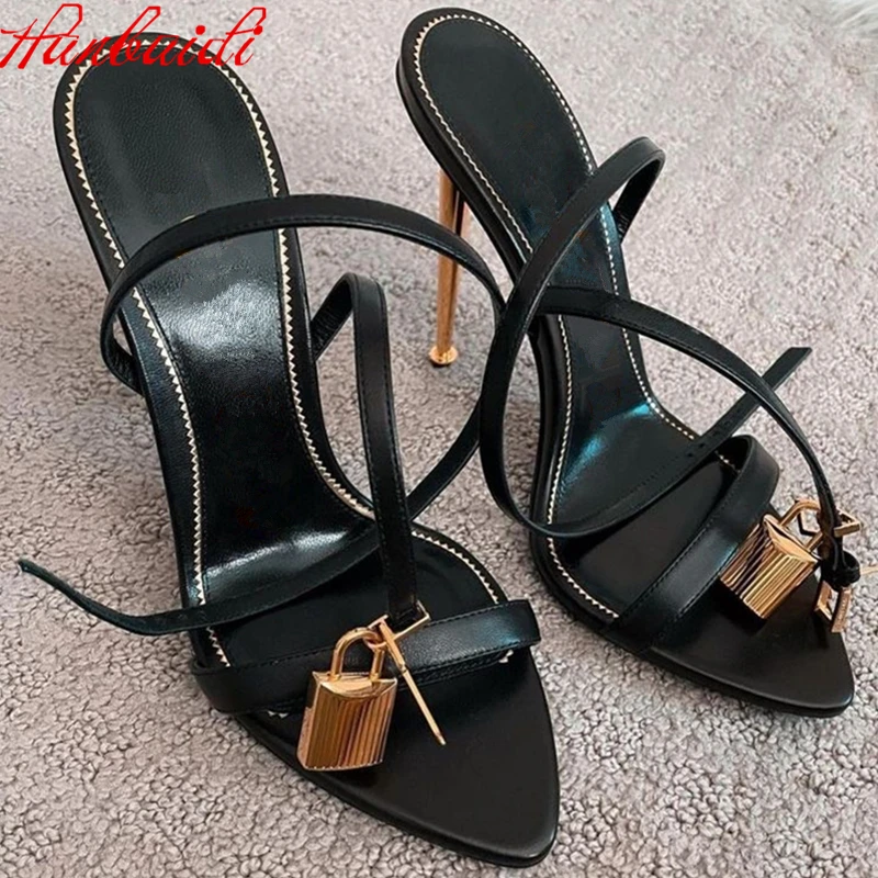 

Metal Lock Fringe High Heel Party Sandals Sexy Pointy Toe Ankle Strap Women Shoes Real Leather Bride Wedding Sandals bota mujer