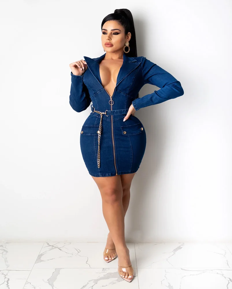 knee length dresses for ladies Phoenix Long Sleeve Mini Dress - Denim