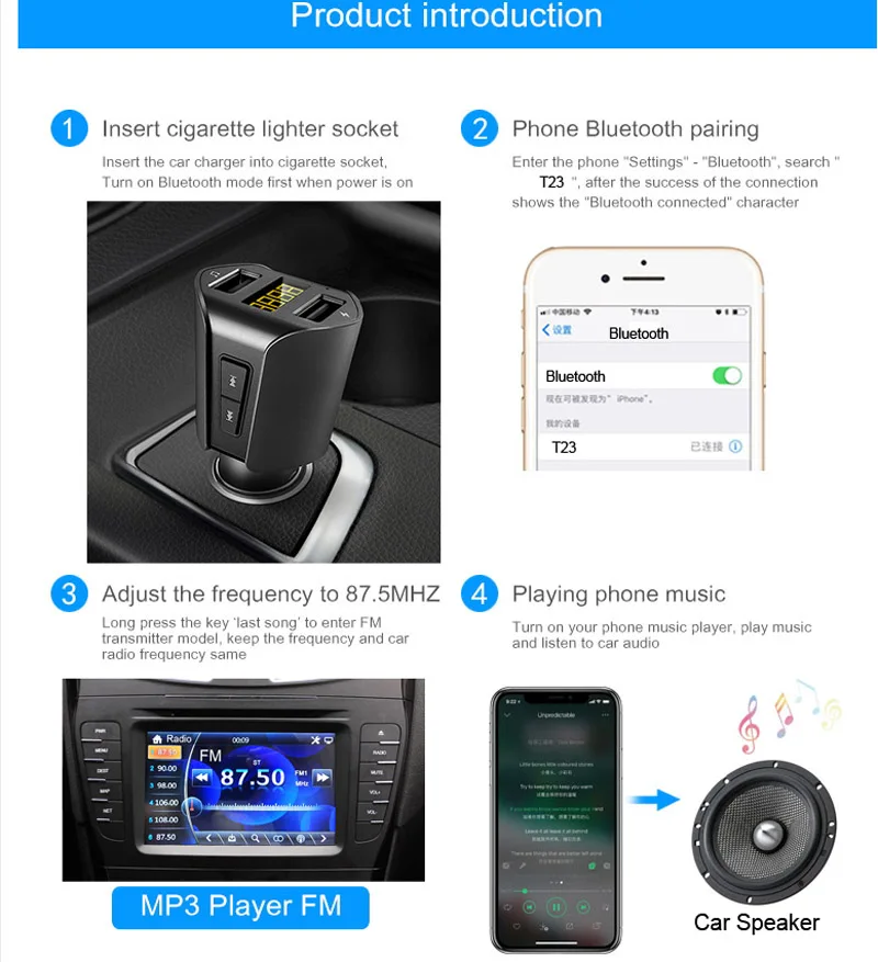 AGETUNR T23 Bluetooth автомобильный комплект громкой связи fm-передатчик MP3 музыкальный плеер двойной зарядное устройство usb