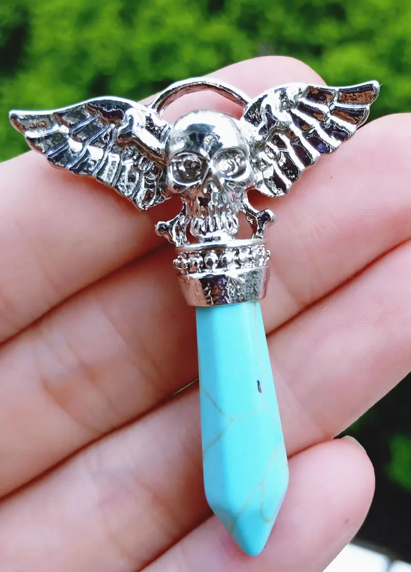 Голубой бирюзовый камень череп Ангел Кулон драгоценные Камни бусы из