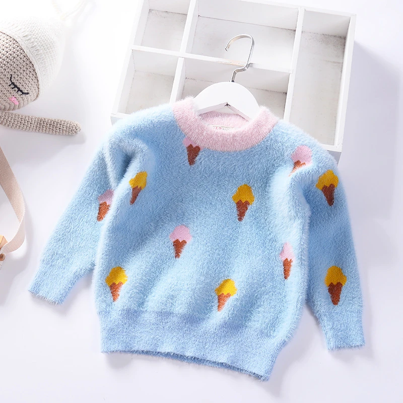 sky blue 309398 Новинка года; сезон осень-зима; детские свитера; бархатный свитер для девочек; теплая детская одежда с рисунком арбуза и фламинго; мороженое - Цвет: sky blue 309398