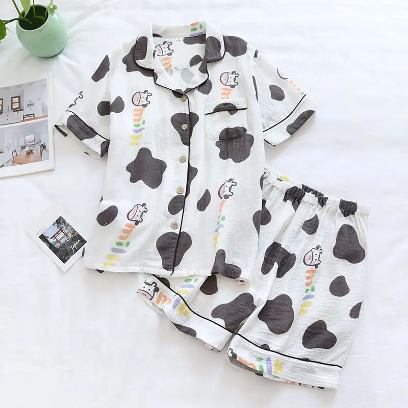

QWEEK Cow Print Loungewear Women Girls Cotton Pajamas Summer 2021 Pyjamas Cute Short Sleeve Pijamas Thin Double Gauze Sleepwear