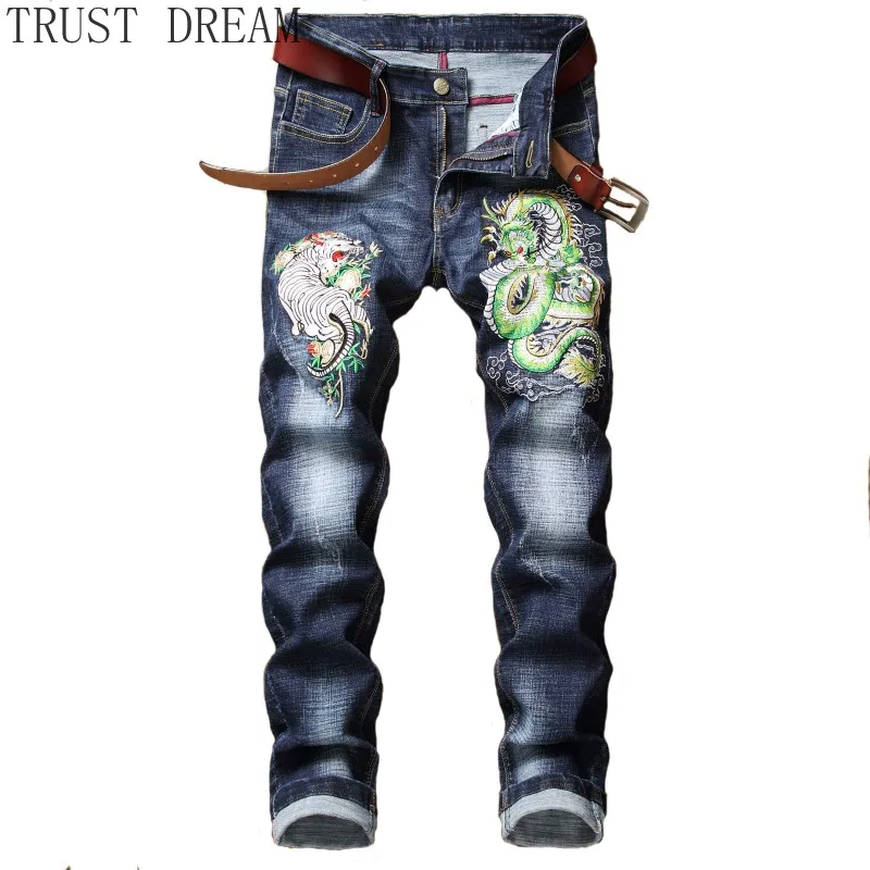 

2019 Japan Designed Men Stretch Jeans Slim Embroidery Tiger Dragon Style Powerful Stonewashed Male High Quality Trousers