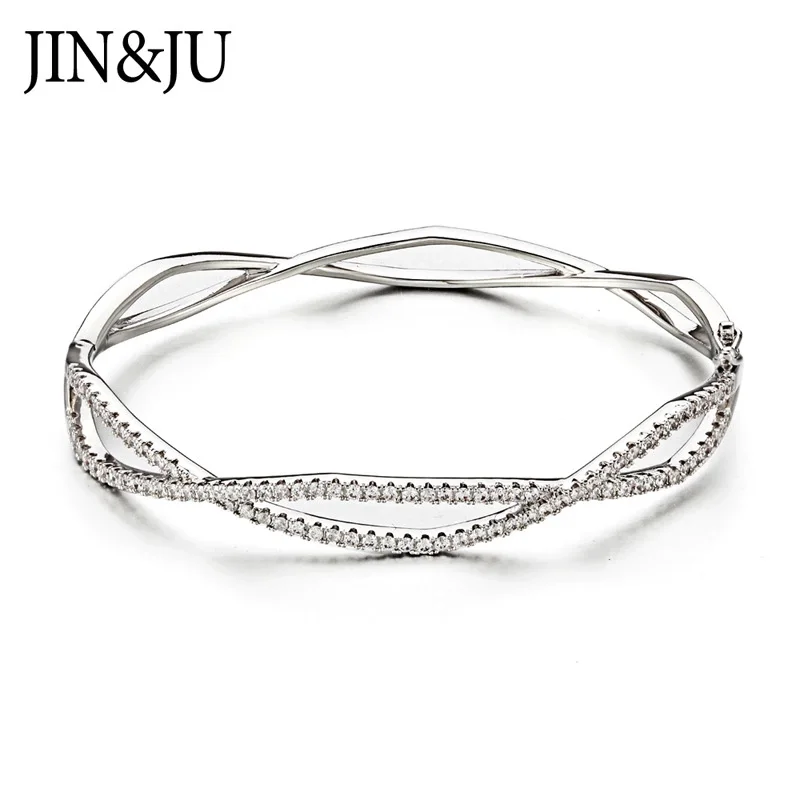 

JIN&JU Casual Gold Color Plated Bracelet For Women Femme AA Cubic Zirconia Cuff Bangles Mothers DayGifts 2021 Jewelry 2020