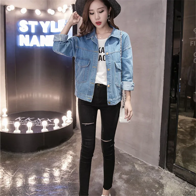 Куртка женская джинсовая короткая модная рубашка из хлопка и денима свободного