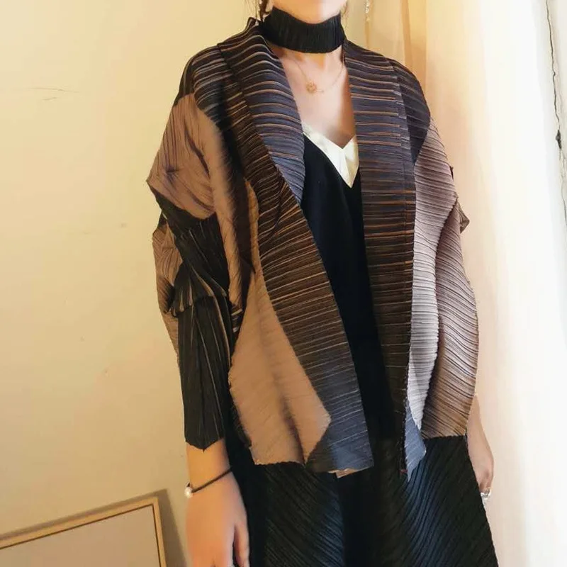 Cardigan Women 2021 Autumn New Batwing Long Sleeves Korean Version Loose Elastic Miyake Pleated Thin Jacket Female
