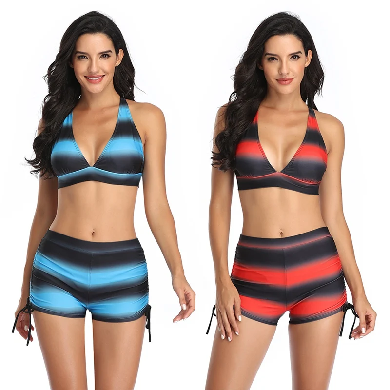 

Женский купальник 2021 года, женский сексуальный Модный комплект бикини в полоску с V-образным вырезом, купальник пуш-ап, пляжная одежда
