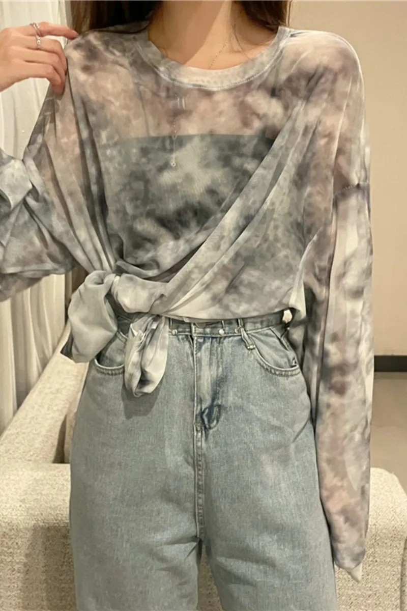 

2021 Summer Streetwear Mesh Sunscreen T-shirt Girls Harajuku O Neck Tie-dye Long-sleeved Loose Outwear Thin Tees Women Clothing
