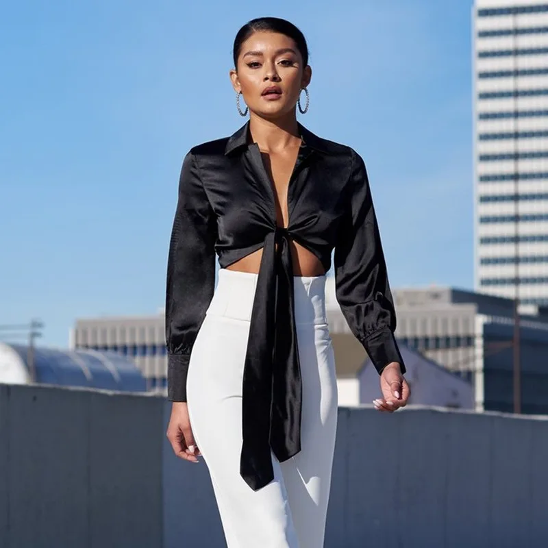 

2020 New V-neck Silk Top Spring and Summer Long Sleeve Tie Tie Tie Tie Bottomed Shirt Cardigan Women's Sexy Temperament Slim