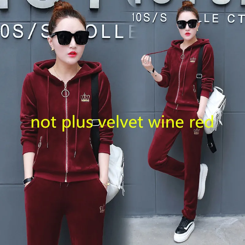 wine red 2 Золотой вельветовый спортивный костюм осень и зима плюс бархатные женские комплекты повседневные с капюшоном золотые бархатные женские костюмы спортивный костюм - Цвет: wine red 2
