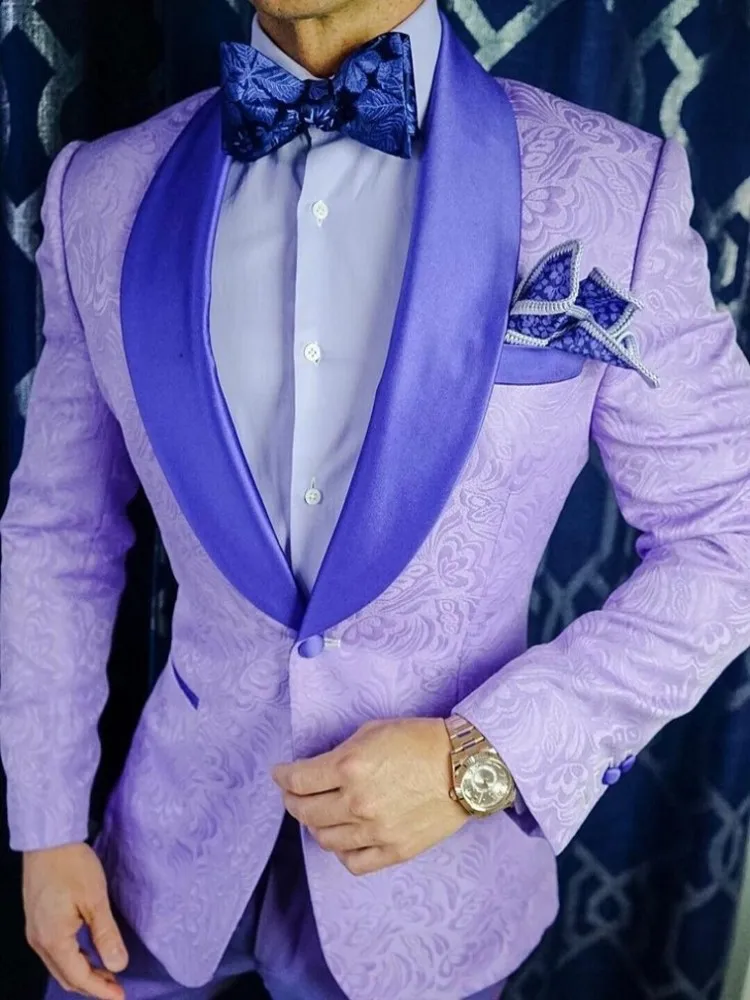 

New Style Groomsmen Lilac Groom Tuxedos Shawl Satin Lapel Men Suits 2 Pieces Wedding Bridegroom ( Jacket+Pants+Tie ) D117