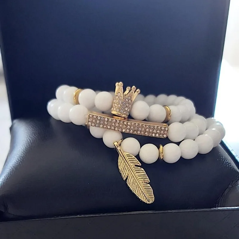 

3Pcs/Set Natural Crystal Opal Survival Bracelet Yoga Bracelete CZ Crown Gold leaf Beads For Girls Gift Best Friends