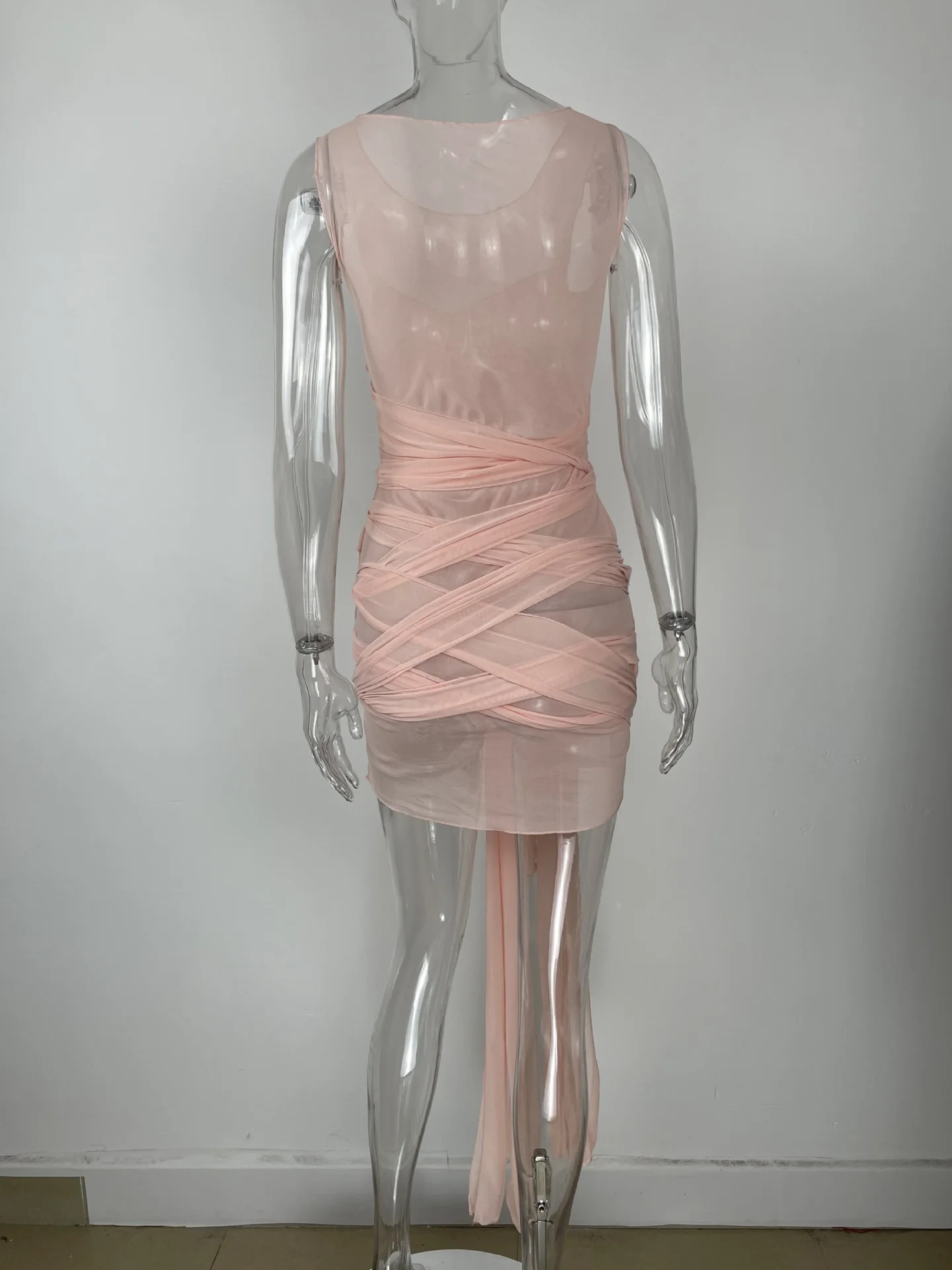 

Women Sexy Mesh Bandage Mini Dress 2021 Summer Solid O-neck Sleeveless Lace Short Dress Female Slim Party Club Bodycon Dresses