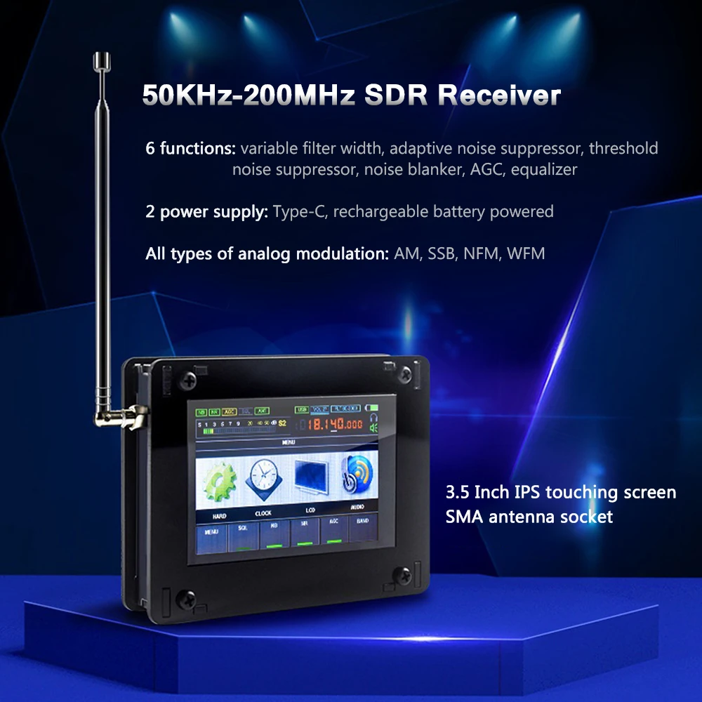 

KKmoon 50 кГц-200 МГц SDR-ресивер с антенной, малахитовый SDR-ресивер, коротковолновый радиоприемник DSP, шумоподавление, 3,5 дюймов касание