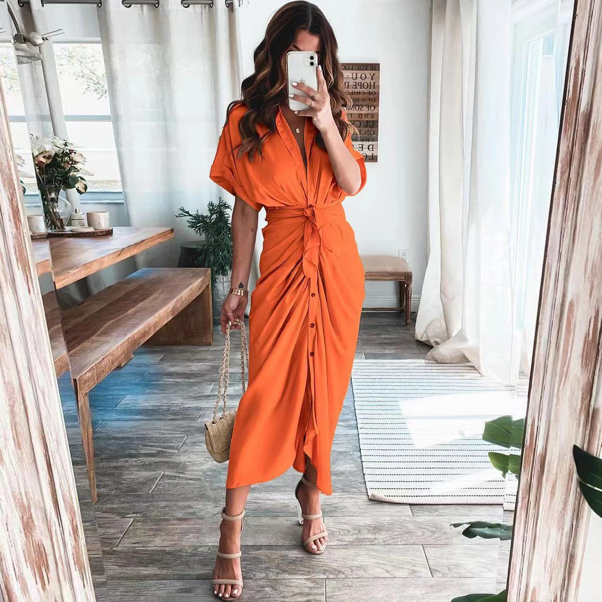 

Dress Women 2021 New Arrive Summer Turn down Collar Single Breasted Solid Color Belt Fashion Casual Long Shirt Dresses