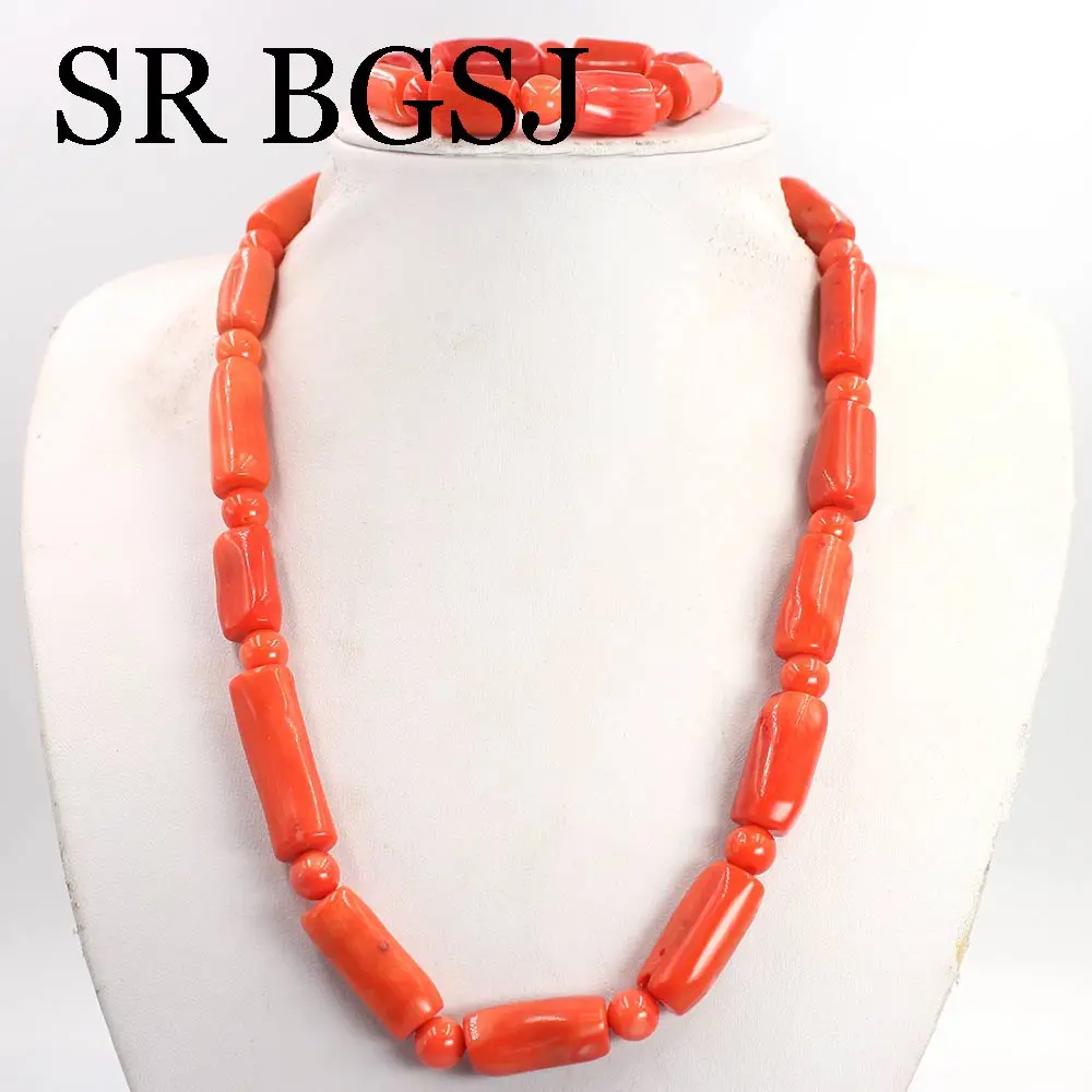 Free Shipping  Orange Natural Coral Necklace Bracelet  Women  Jewelry Natual Coral Set 18inch 7.5inch