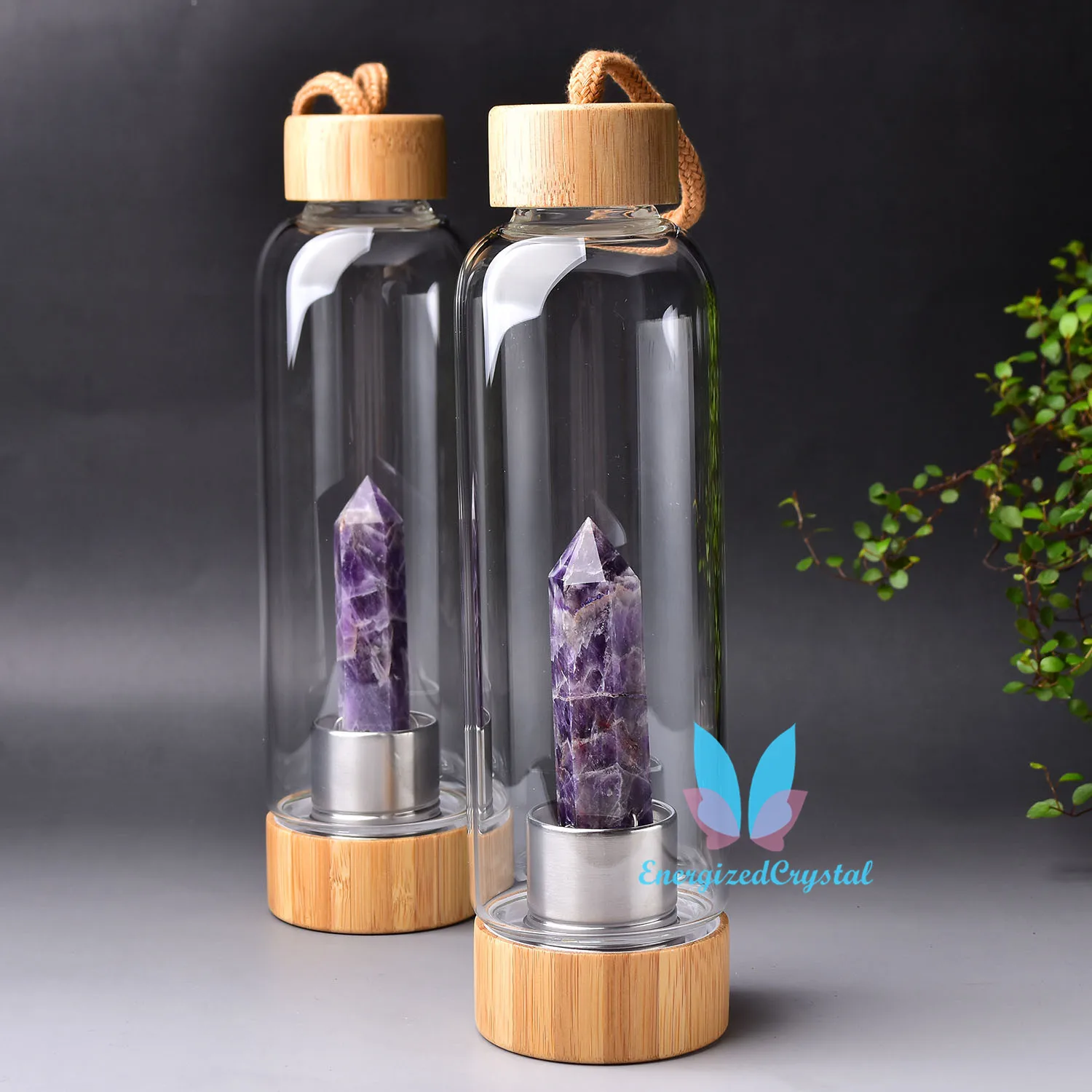

Natural Obelisk Crystal Reiki Point MultiColored Wooden Healing Water Bottle