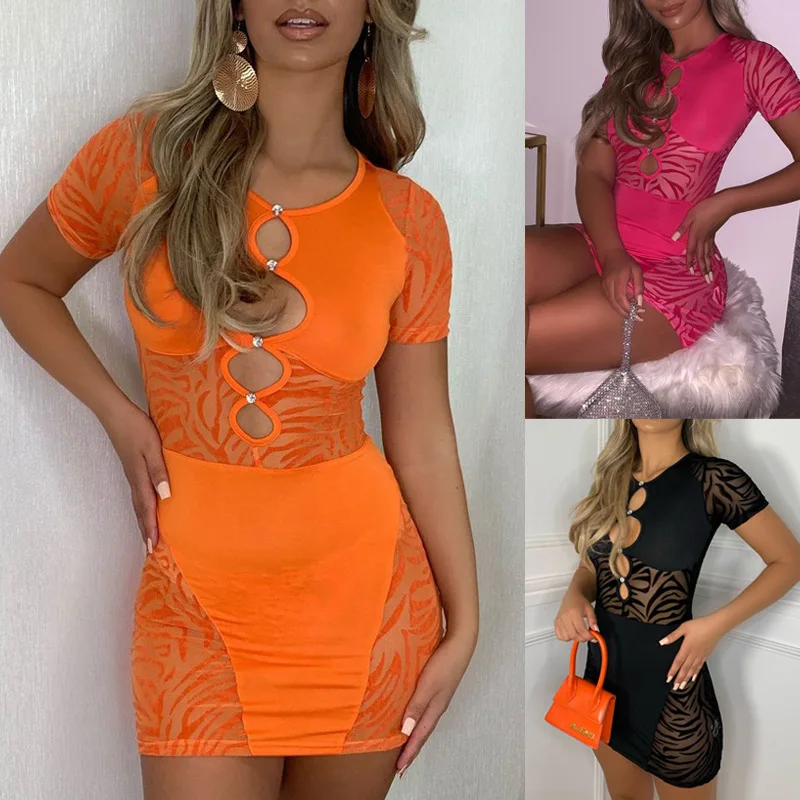 

SKMY New Sexy Women Clothing See-Through Mesh Dress Short Sleeve Hollow Out Fashion Stitching Rhinestone Dress Club Outfits