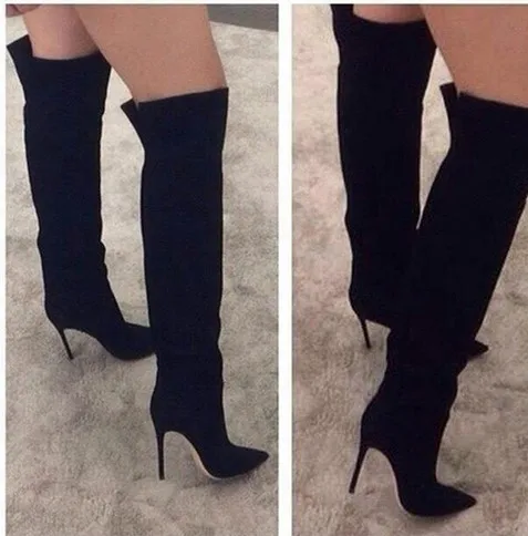 

Arella Black Suede pointed rivet fashion sexy knee high boots