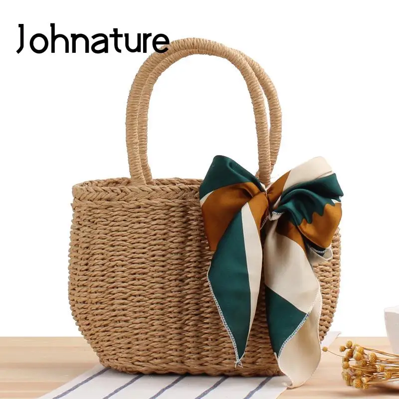 

Johnature Handmade Straw Bag 2022 Summer New Holiday Beach Small Handbag Bohemian Weaving Women Casual Tote Bags