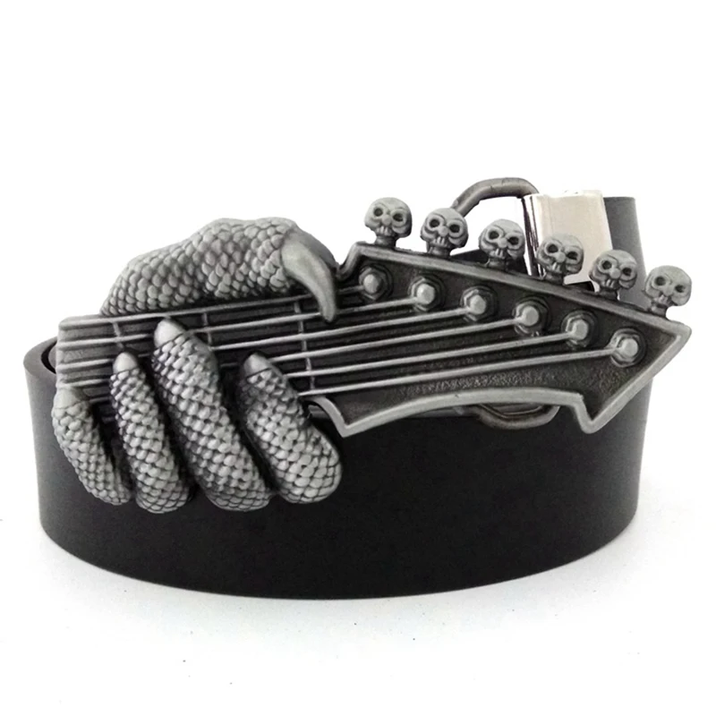 Black Casual Men Belt with Punk Rock Skull Paws Electronic Guitar Big Metal Buckle Western Cowboy Accessories Fashion Male Gifts