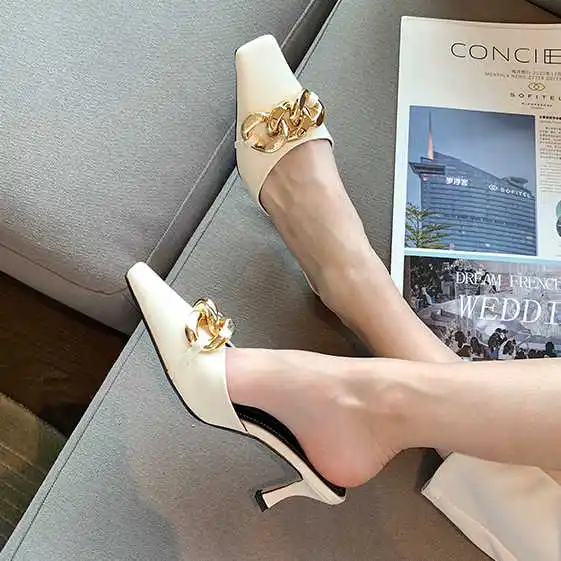 

Half slippers women's new fall 2021 square head metal buckle leather face