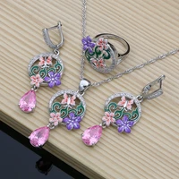 fine silver 925 jewelry sets pinkpurple enamel with topaz earrings women butterfly flower decoration jewellry dropshipping