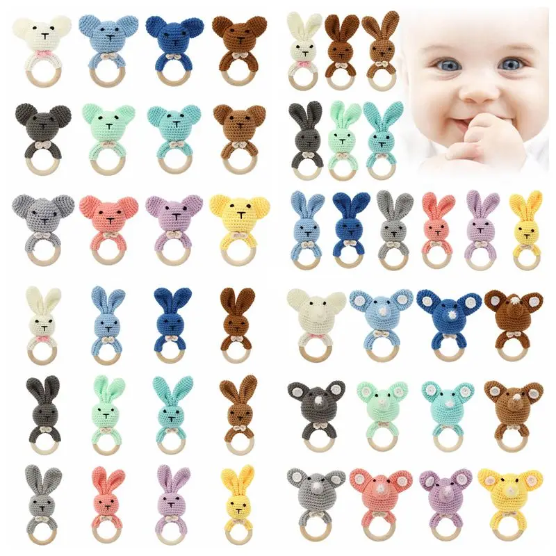

BPA Free Safe Crochet Baby Teether Cartoon Bunny Wooden Rattle Toys DIY Infant Newborn Teething Ring Baby Stroller Cot Baby Toy