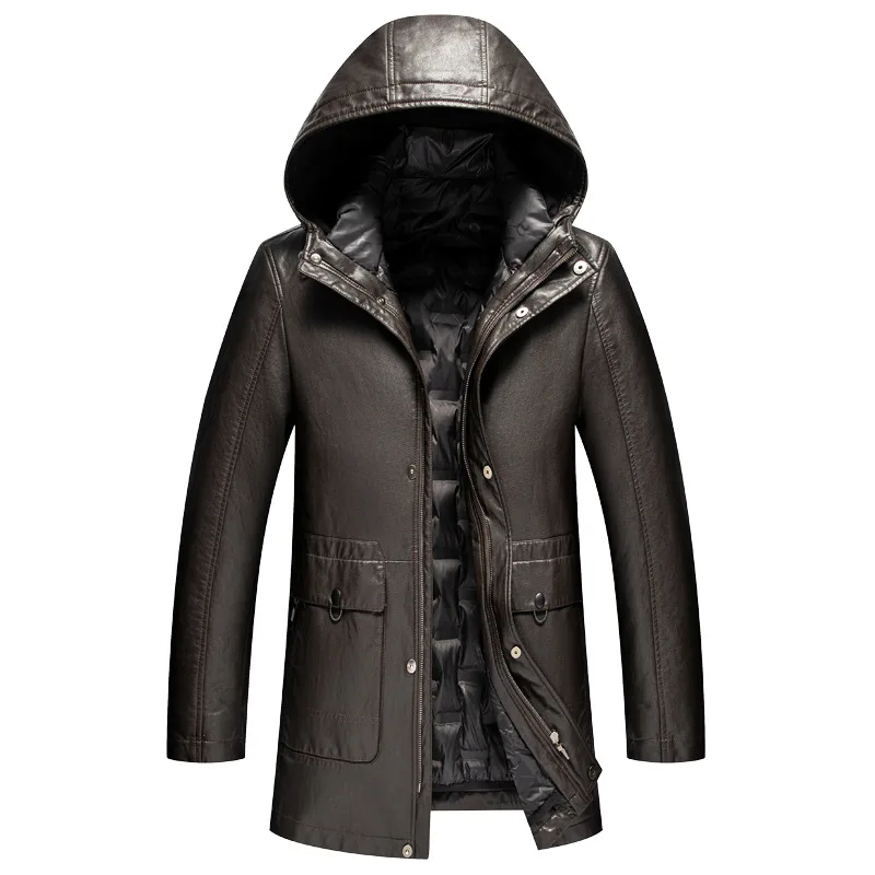 

Young and middle-aged men's leather down jacket thick leather jacket mid-length leather coat Haining sheep skin hooded jacket ti