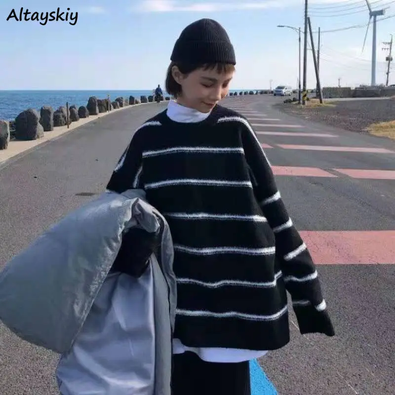 

Pullovers Women Warm Loose O-neck Students Vintage Simple Striped Popular Comfortable Spring Autumn Korean Style Lazy Casual Ins