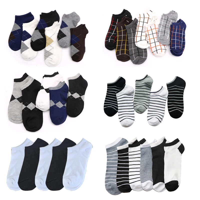 

8/10Pair Autumn Winter Ankle Socks Men Cotton Socks Plaid Striped Business Hallow Mouth Solid Color Male Low Cut Crew Socks