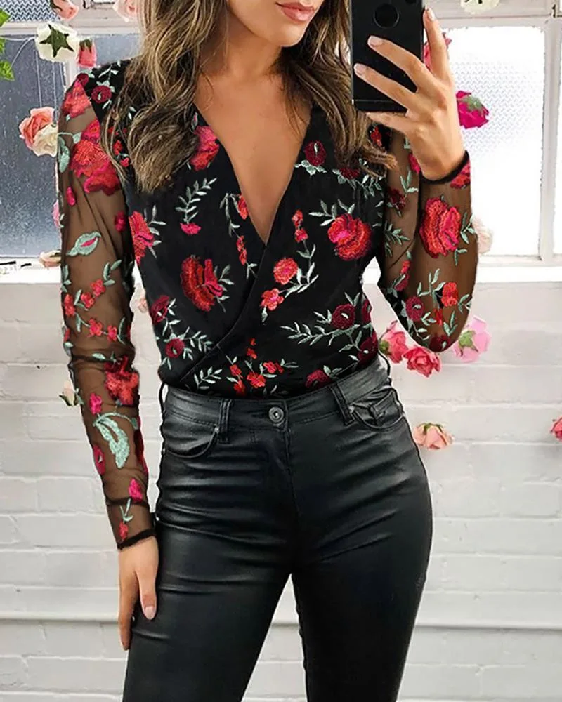 

2021 Fashion Womens Long Sleeve Shirt Sexy V-Neck Net Yarn Office Lady Blouse Spring Slim Print Elegant Female Pullover
