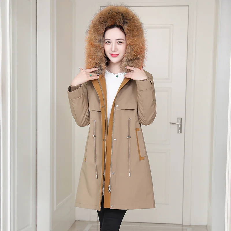 

2021 Winter New Parker Clothing Women Detachable Rabbit Fur Liner Raccoon Fur Collar Hooded Coat Long Sleeve Parka Thick Warm