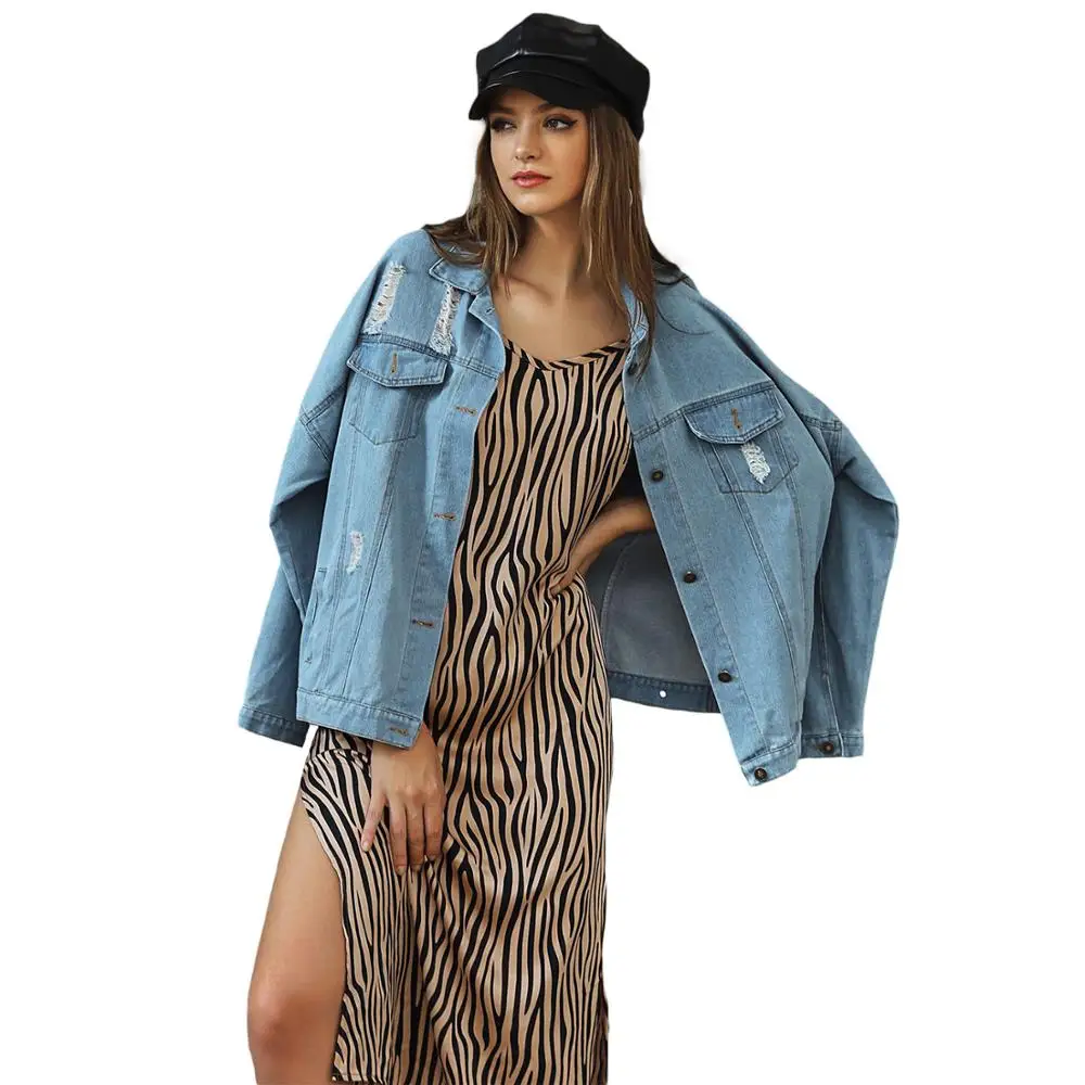 Женская Осенняя джинсовая куртка Повседневная винтажная Потертая с отложным