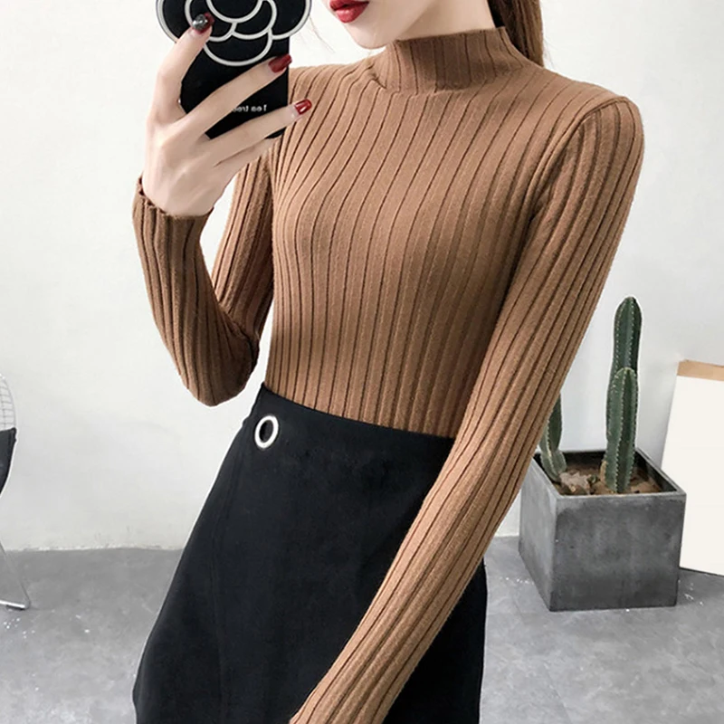 

Autumn Winter Knitted Jumper Tops Turtleneck Pullovers Casual Solid Slim Knitted Sweaters Women Long Sleeve Tight Sweaters