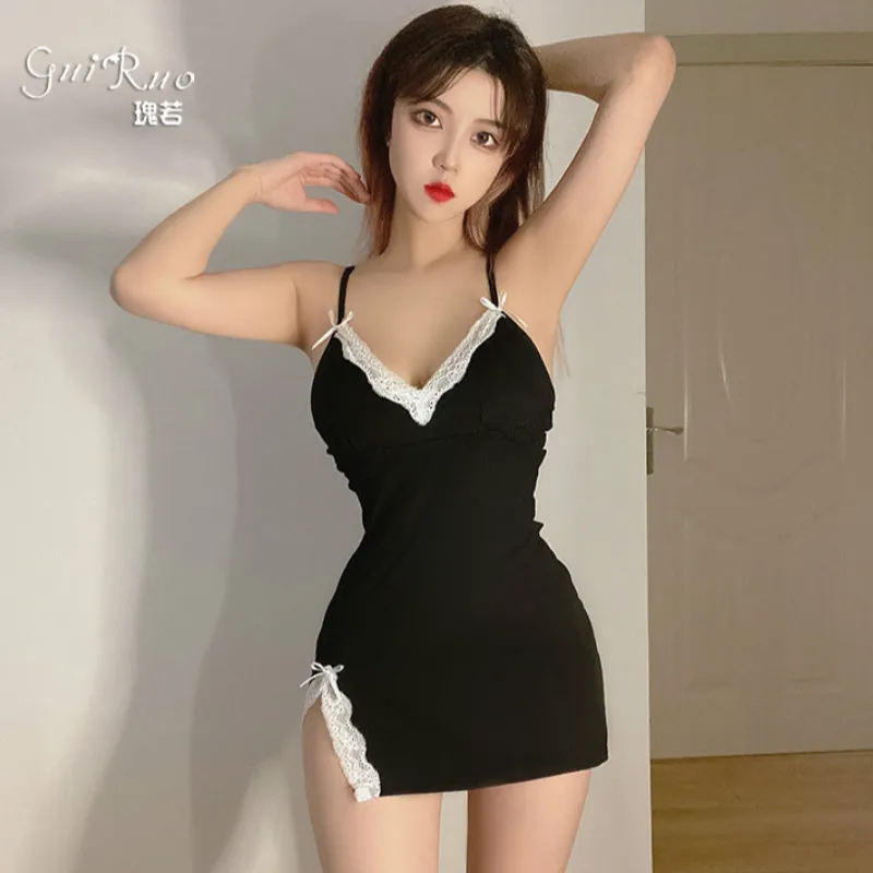 

Plus Size Sexy Lingerie Sleeping Jurk Nightgown Women's Edge Lake Through Babydolls Nightgown Deep V Seduction Nightmare Black
